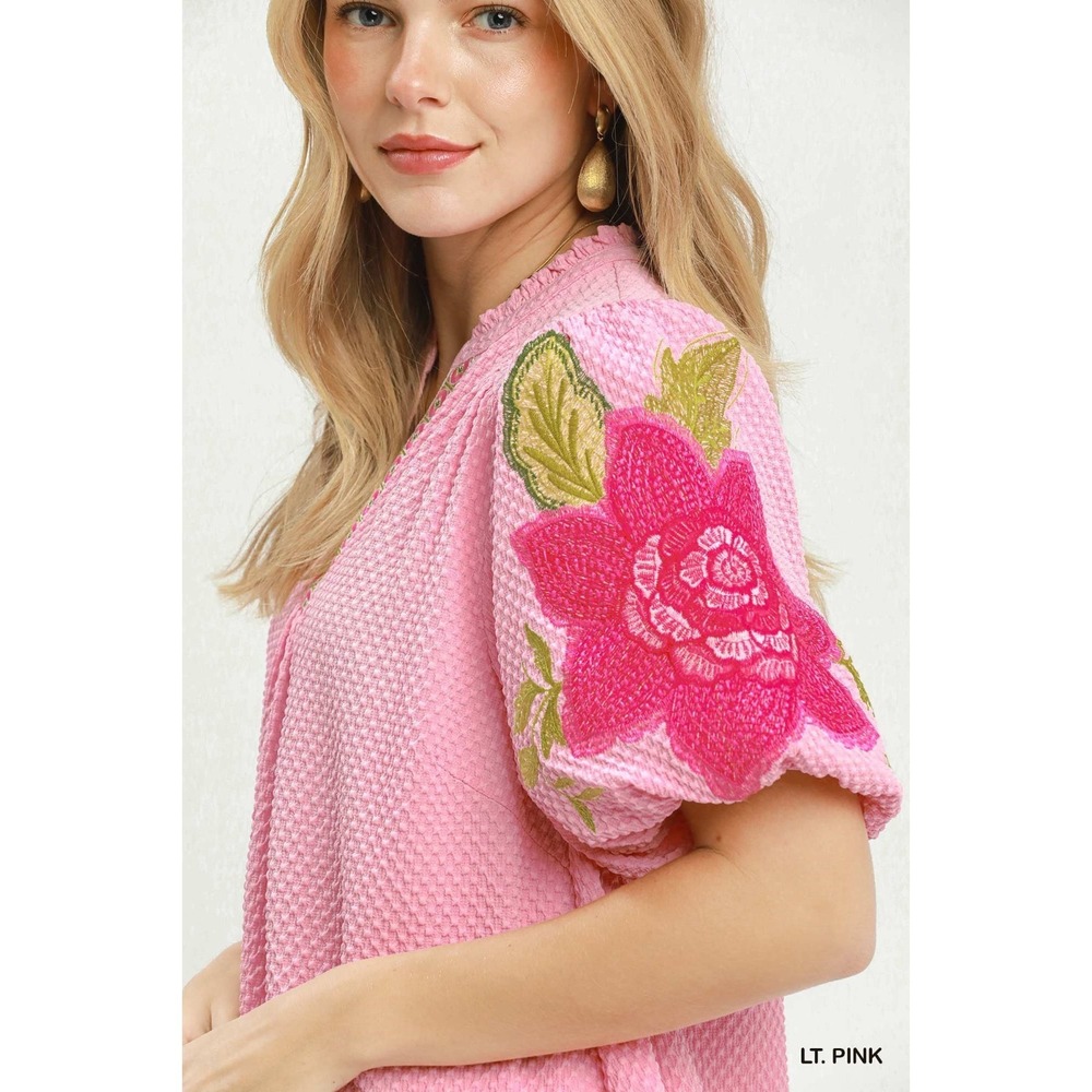 Umgee Floral Embroidered Textured Jacquard Dress - Light Pink - Large - Picture 4 of 5